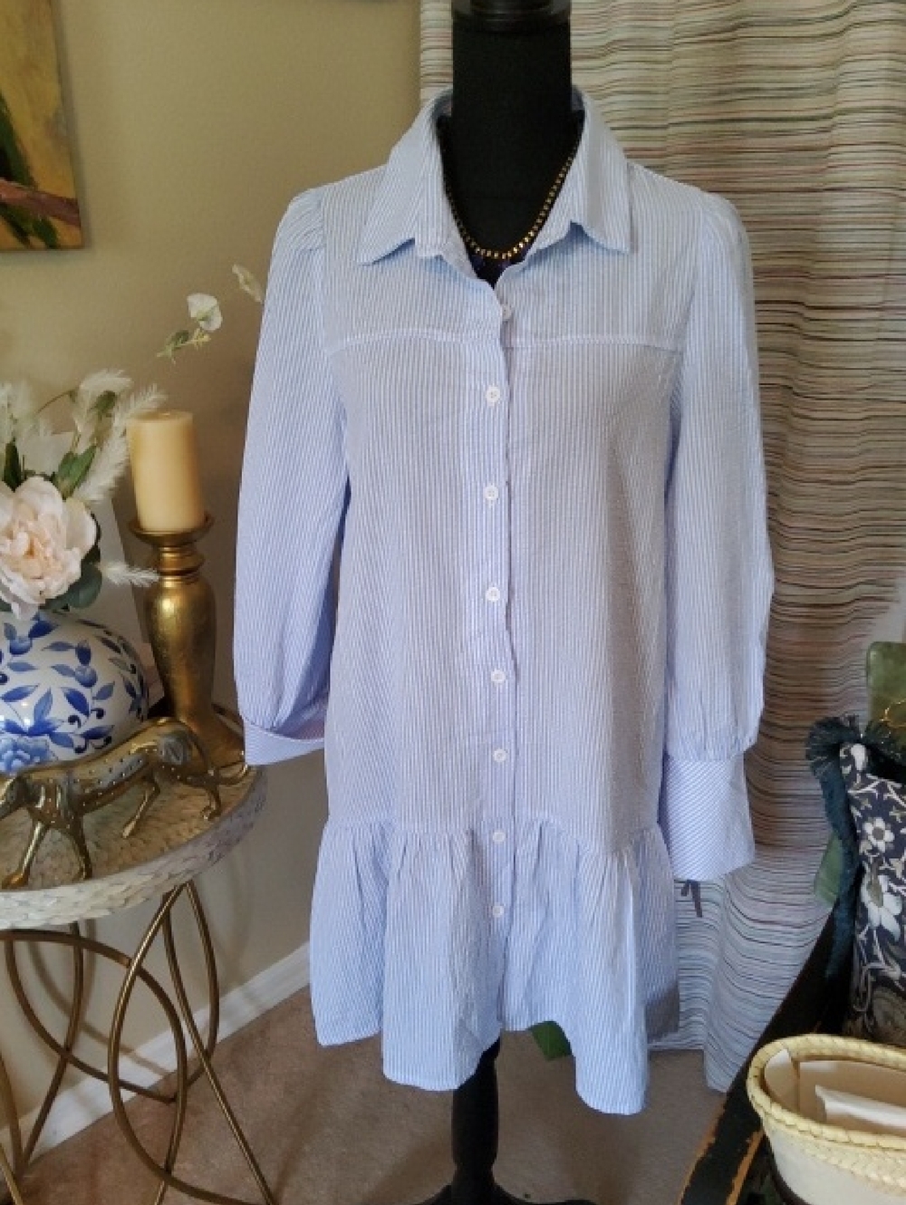 Light Blue Pinstripe Button-Front Shirt Dress